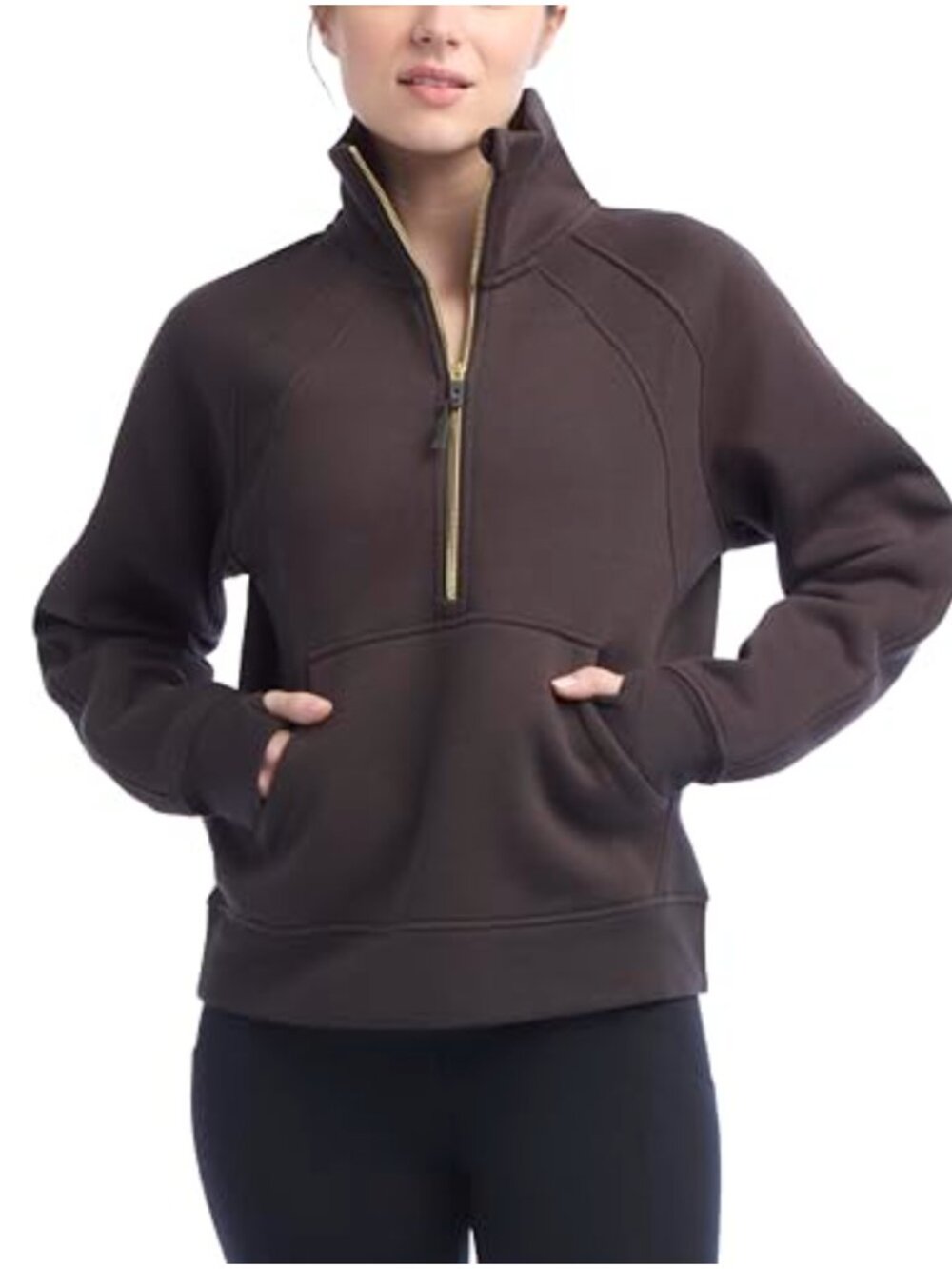 Women's Mixed Rib Half Zip Pullover Sweatshirt Mock Neck Kangaroo Pocket